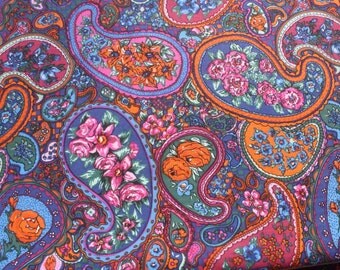 Vintage Border Paisley Fabric by the yard, Soft Cotton Sewing Floral Flower Blue Orange BTY Yardage