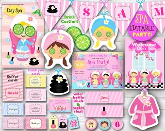 Spa Party printables - EDITABLE D.I.Y birthday party decor, Cute kids party favors, party banners, pink buffet cards, cupcake toppers