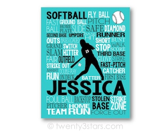 Softball Typography Art, Girl's Room Art, Choose Any Colors, Personalized Gift for Softball Player, Softball Team Coach, Canvas or Art Print