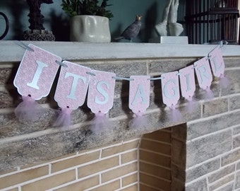 It's A Girl Banner in Light Pink and Silver, Baby Shower Banner, Baby Girl Shower Decoration, Birth Announcement
