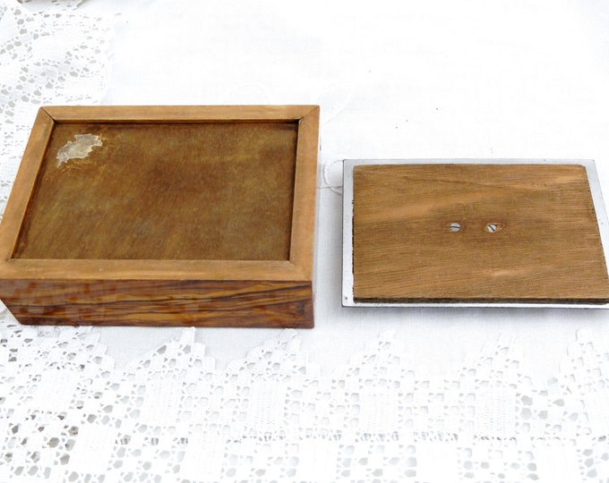 Vintage French 1960s Mid Century Modern Veneered Wood and Stainless Steel Box with Mirrored Base, Retro 60s Jewelry Trinket Container