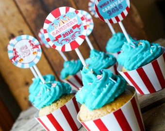 Carnival Cupcake Toppers and Cupcake Wrappers - Carnival Printables - Instant Download and Edit File at home with Adobe Reader