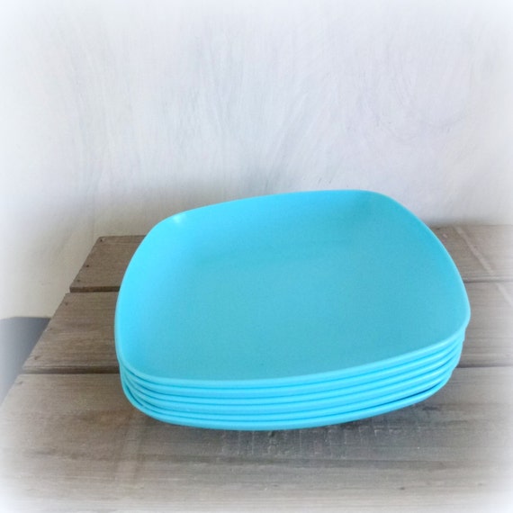 six square plastic plates light blue camping dishes