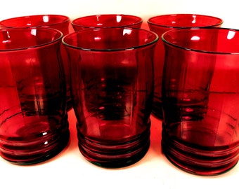 Ruby Red Glass Tumblers Vintage Retro Set of 6
