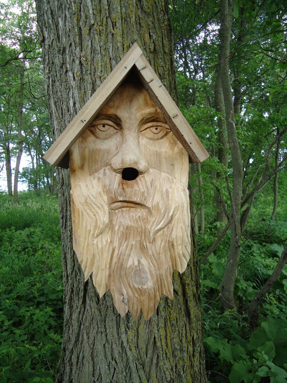 Carved Wood Spirit Outdoor wood birdhouse Wood carving