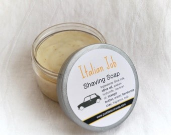 ITALIAN JOB Men's Shaving Soap with Goat Milk, Bentonite Clay, Mango Butter, Cocoa Butter, Olive Oil, Kelp. In a jar for easy travelling