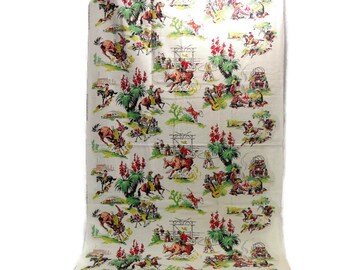 Vintage Cotton Barkcloth Fabric * Western Cowboy Cowgirl * Medium Weight Drapery Yardage