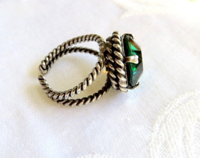 Sterling Silve Ring, Emerald Green, Vintage Faceted Glass Stone, Adjustable