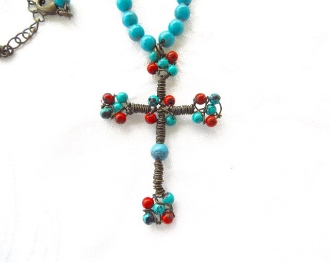 Vintage Cross Necklace, Turquoise and Coral, Beaded Southwest Style, Vintage Wire Cross, Boho Style