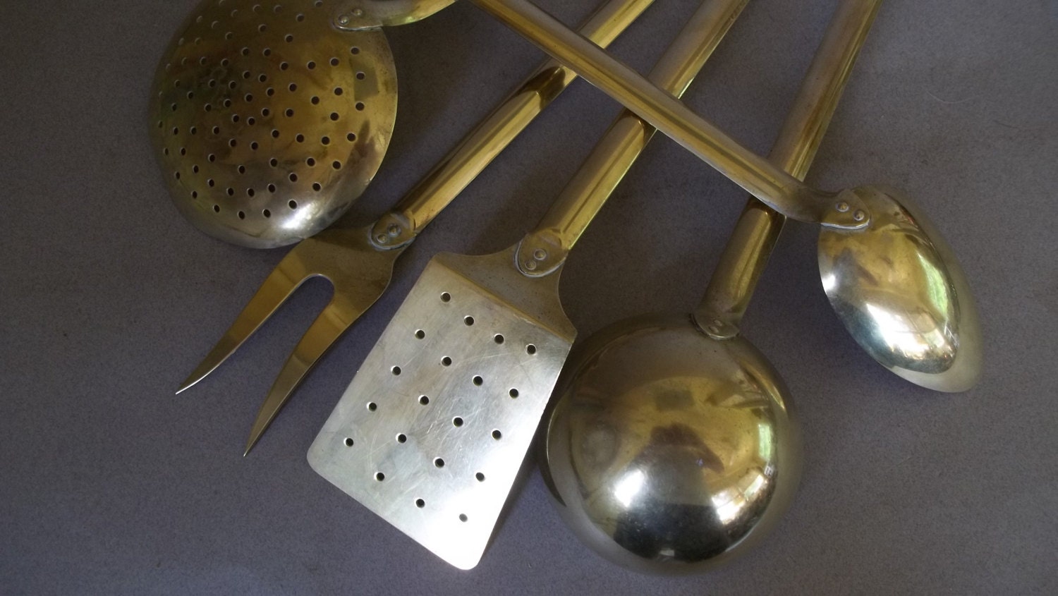 Vintage Brass Kitchen Utensils w/ Rack Vintage Hanging Brass