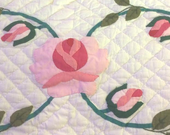 Vintage Quilts, Hand Made Rose Quilt, Hand Quilted Appliqued Full Size, Gift for Mom