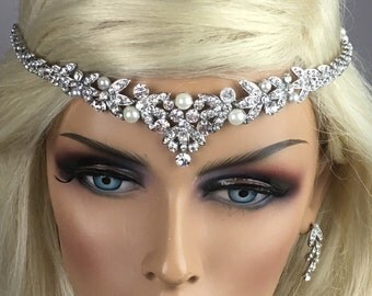 Rhinestone Leaf /Pearls Or Just Rhinestone Bridal Headpiece, Silver or Gold Wedding Hair Jewelry, Forehead or Back Piece