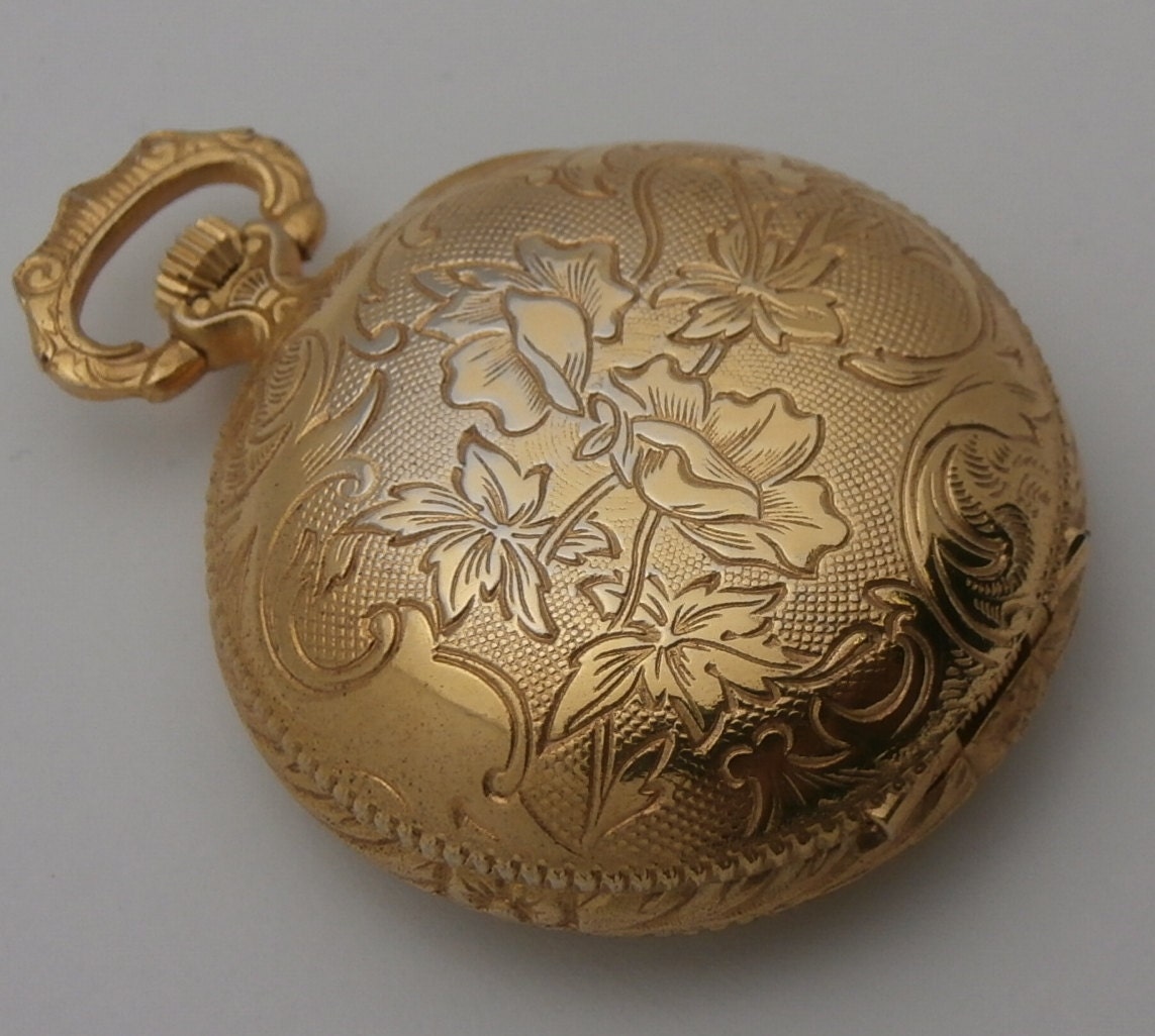 Vintage Sutton Ladies Pocket Watch Pendant Gold Tone Floral