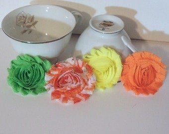 Shabby chic fabric bright colored flowers - 2 1/2 inch - Set of 4