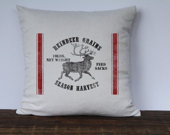 Christmas Reindeer Feedsack Pillow Cover, Christmas Pillow, Farmhouse Pillow, Decorative Pillow, Vintage Pillow, Reindeer Grain Sack No 10