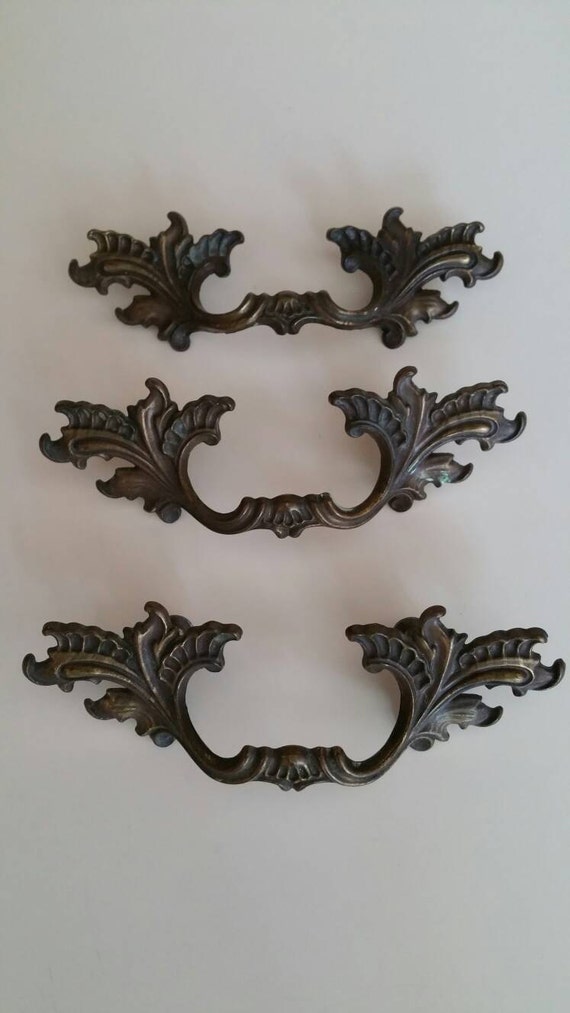 Set of 3 Bronze French Provincial Handles Dresser Drawer Pulls
