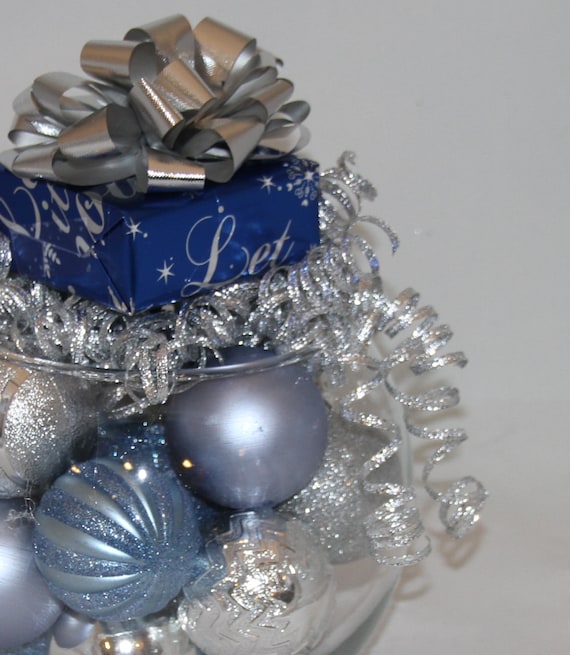 Blue Christmas Centerpieces : Christmas centerpiece silver and blue holiday decoration
