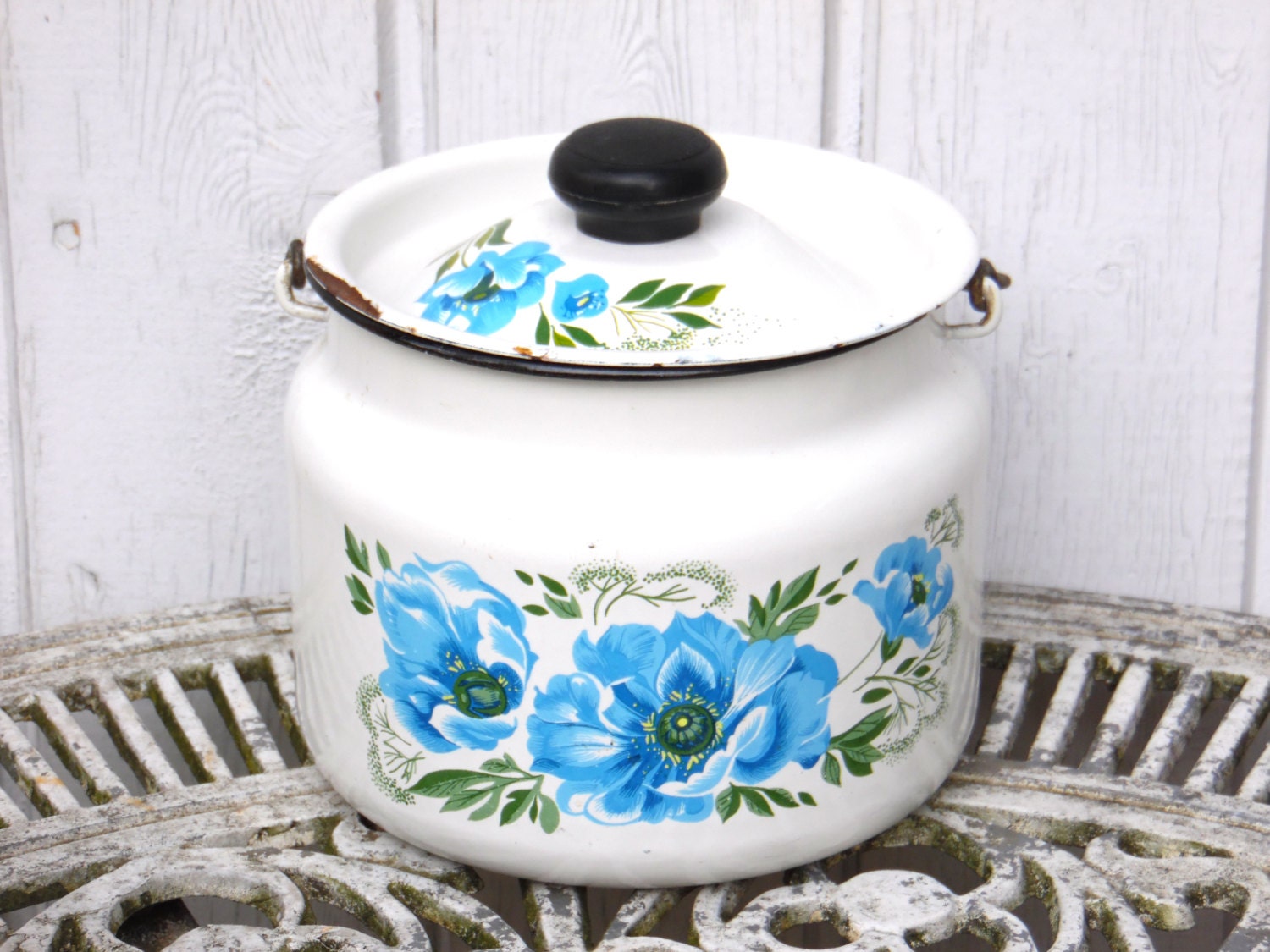 Vintage Enamel Food Container with Lid Kitchen Storage