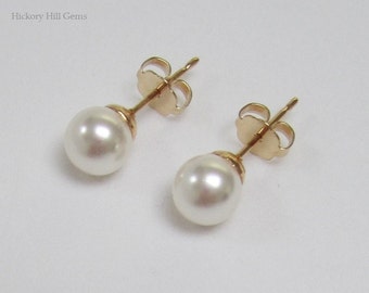 6mm White Pearl Studs SWAROVSKI elements Pearl, small pearl stud earrings, White Pearl Earrings, GOLD pl. posts, pearl earrings Made in USA