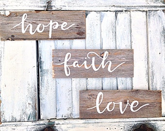 Faith, hope, and love inspirational wall art-painted on reclaimed wood pure white naturally weathered wooden signs (set of 3)