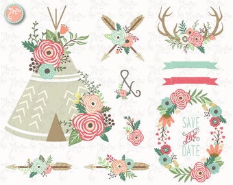 Floral Tribal clip art "FLORAL TEEPEE"Clipart, Floral, Teepee, Antlers, Wedding, Tribal, Wreath. 25 Png files.300 dpi.Instant Download Wd147