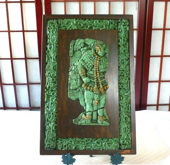 Large Aztec Wall Hanging Jade Green Stone Mosaic Wood and