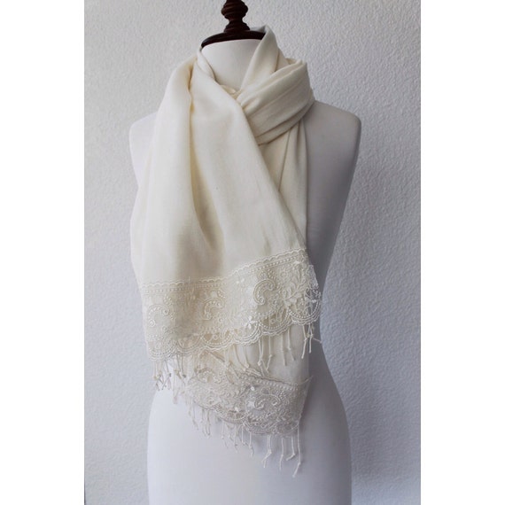 Ivory Wedding Shawl Pashmina with French Lace Ivory by BridalLife