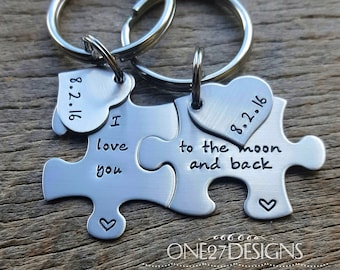 Customizable I love you to the moon and back Puzzle Piece Key Chain Set with date heart Hand Stamped Personalized His and Hers Set
