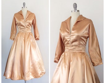 50s Gold Satin Two Piece Skirt and Blouse Set - 1950s Vintage Heart Party Dress - Medium - Size 6
