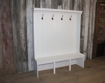 White Solid Wood Hall Bench with Storage, Mudroom Storage, Made to Order, **Free Shipping**