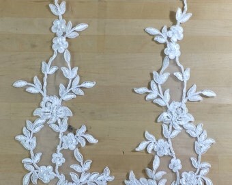 White Beaded Bridal Applique, Applique Pair in white Beaded Organza for Bridal, Headbands, Sashes, Costume Design