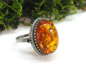 Soviet Retro Vintage Amber Ring Natural Baltic Amber jewelry womans ring size 7 8 Russian vintage fashion jewelry 80s silver statement ring
