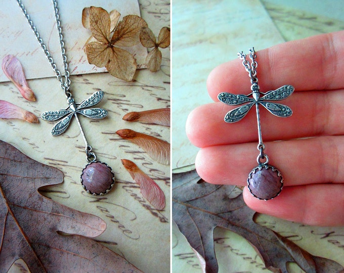 Dainty necklace "Dragonfly" with purple mookaite. Sterling silver findings. Custom length stainless steel chain.