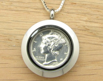 For 80th: 1937 US Dime Locket Necklace 80th Birthday Gift Coin Jewelry