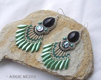 Bead Embroidered Earrings, Beaded Earrings, Peacock Earrings, Mint Earrings, Beaded Fringe Earrings, Seed Bead Earrings, Abalone Earrings