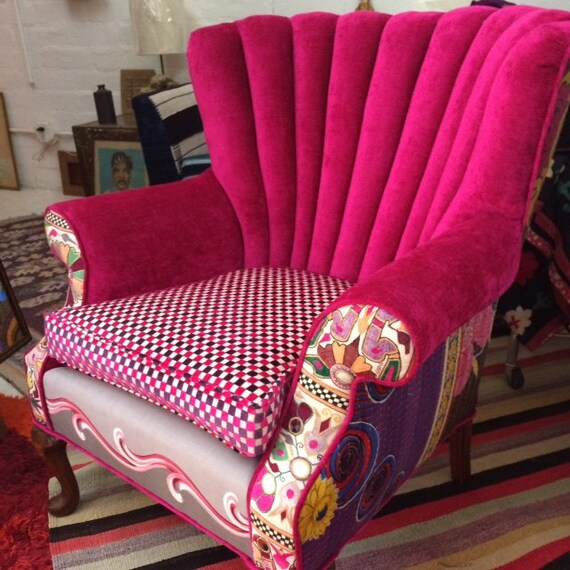 Sexy Updated Hot Pink Silk Chenille Velvet Wingback Chair