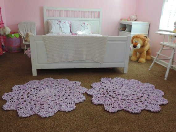 Set of two crochet doily rugs pink purple teal carpet throw