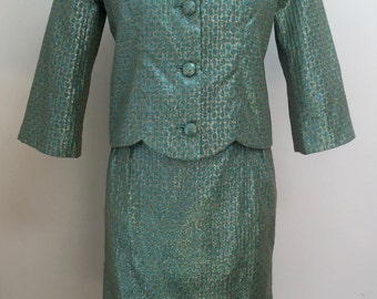 Vintage 1960s Maryan's of Toronto Jacket and Dress, Gorgeous Green and Gold Lame Fabric.