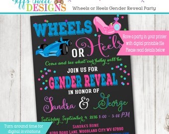 Wheels or Heels Gender Reveal Party Invitation - Pink and Blue - Boy or Girl - Printable - Chalkboard Race Car