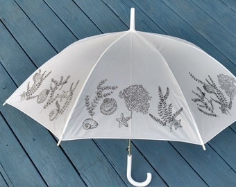 Sea shells Coral and Starfish full size white rain umbrella with hook handle for adults coastal living accessory beachy apparel