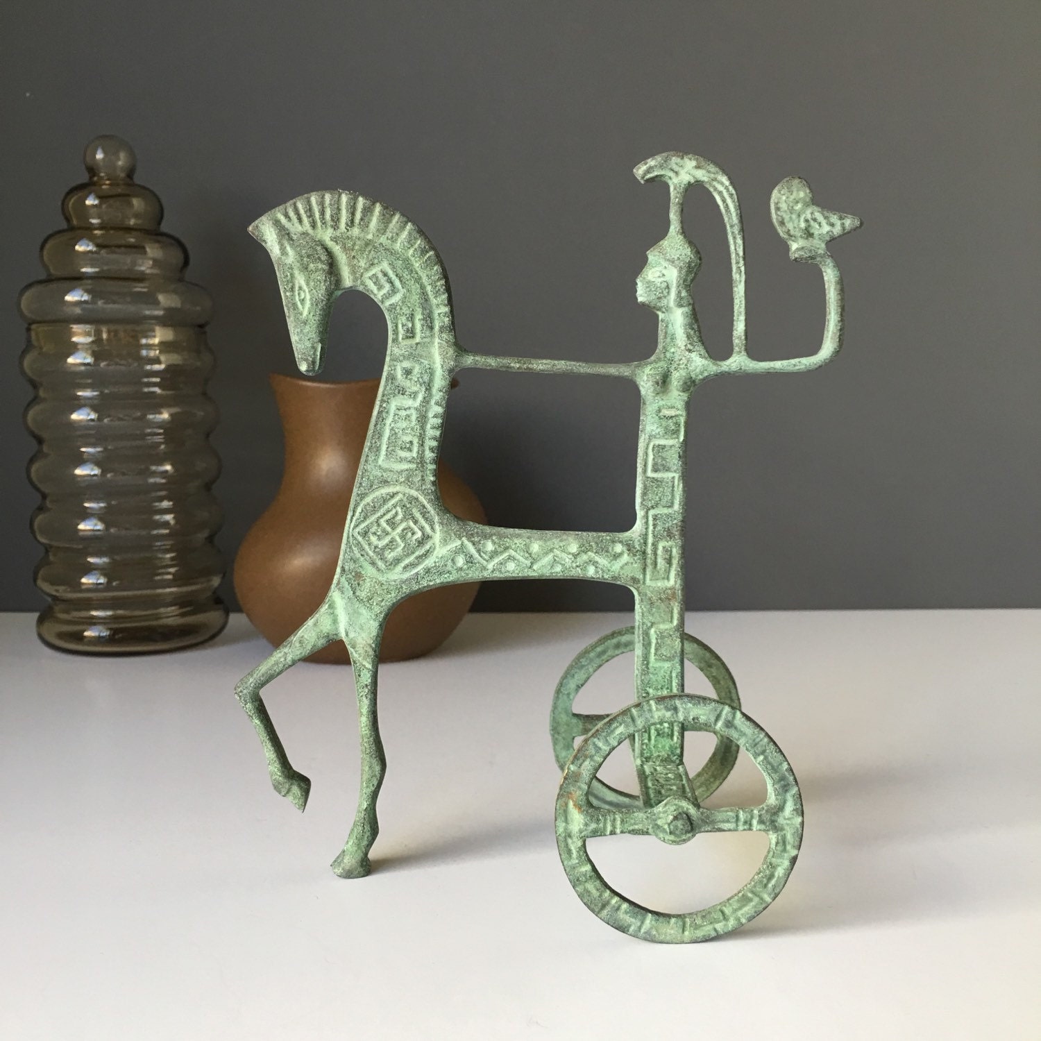 Etruscan Horse and Chariot Athena or Minerva Bronze Sculpture