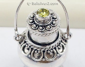 Sterling silver Locket Prayer Box potion perfume bottle Pendant with pale yellow CZ