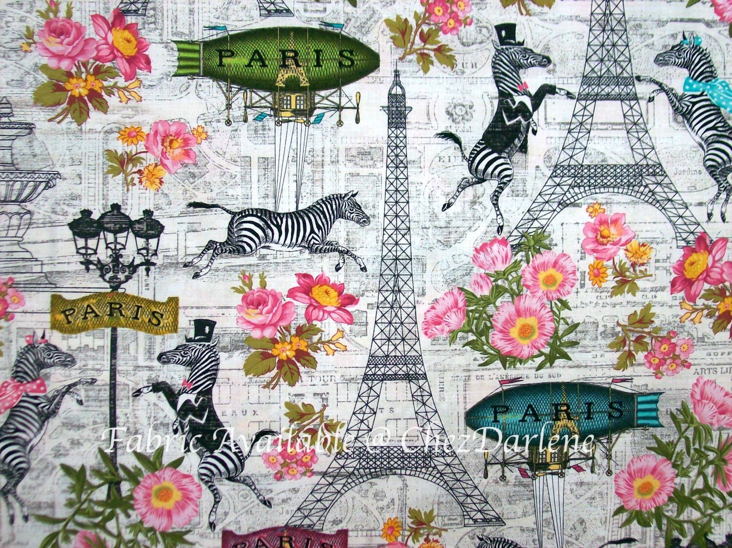 Paris Cotton Fabric Eiffel Tower on Map Floral Whimsical