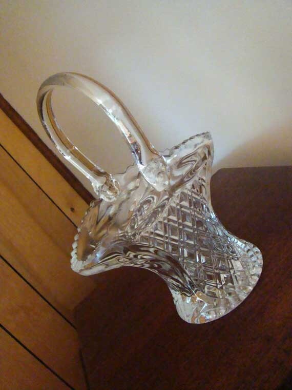 Items similar to Glass basket vase, Vintage glass basket, cut crystal