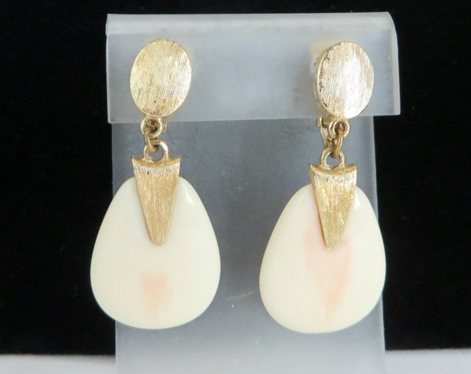 Celebrity Dangle Earrings, Vintage Cream Lucite Gold Tone Clip-on Earrings, Gift idea, Gift Box
