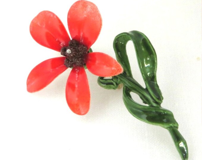 Orange Enamel Brooch, Vintage Flower Brooch, Hippie Pin, MOD Pin, Retro Brooch