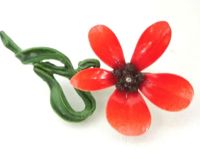 Orange Enamel Brooch, Vintage Flower Brooch, Hippie Pin, MOD Pin, Retro Brooch
