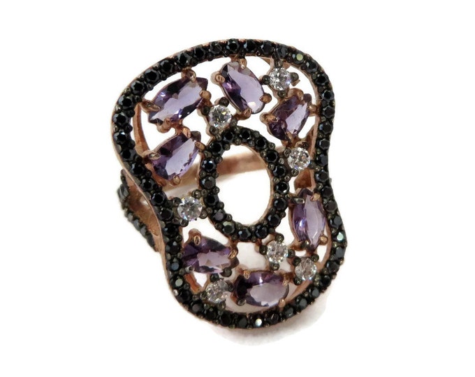 Amethyst, Sapphire, Topaz Ring, Vintage 14K Rose Gold over Sterling Silver Ring, Size 6