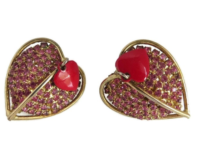 Vendome Rhinestone Heart Earrings, Vintage Pink Rhinestone, Red Enamel Double Heart Clip-on Earrings