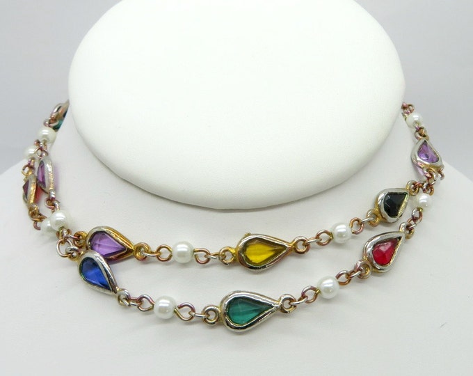 ON SALE! Multicolor Crystal and Faux Pearl Necklace, Vintage Gold Tone Faceted Bead Necklace, 24" Length